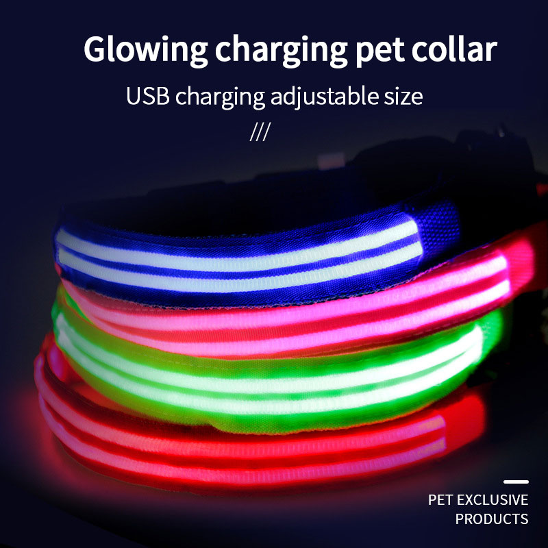 Collar emisor de luz LED con fibra óptica dual que brilla en la oscuridad, batería recargable incorporada para mascotas con cable USB 