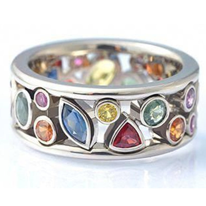 Anillo hueco con incrustaciones de diamantes multicolor, anillo femenino, exquisita joyería de circonita simple