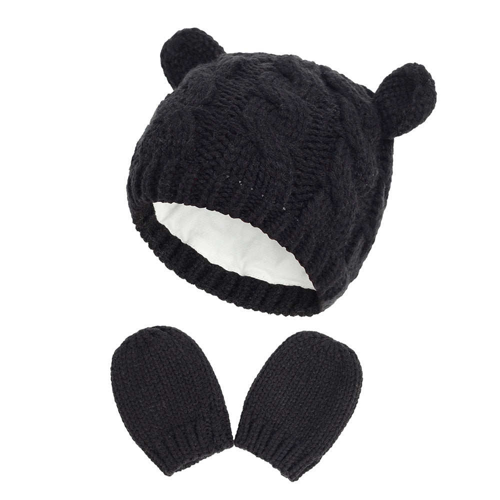 Gorro de punto cálido de invierno para bebés, niñas y niños, con orejas, sólido, cálido, bonito guante, 2 piezas, gorro encantador de 0 a 18 meses