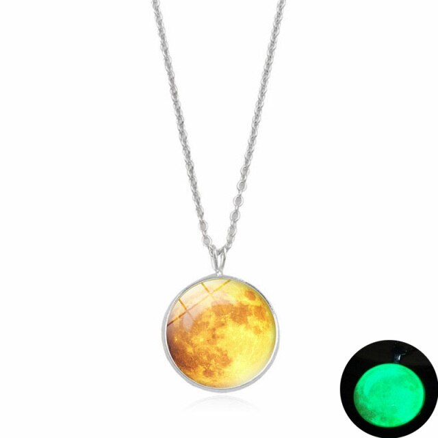 Glow In The Dark Moon Necklace 14mm Galaxy Planet Glass Cabochon Pendant Necklace Silver Chain Luminous