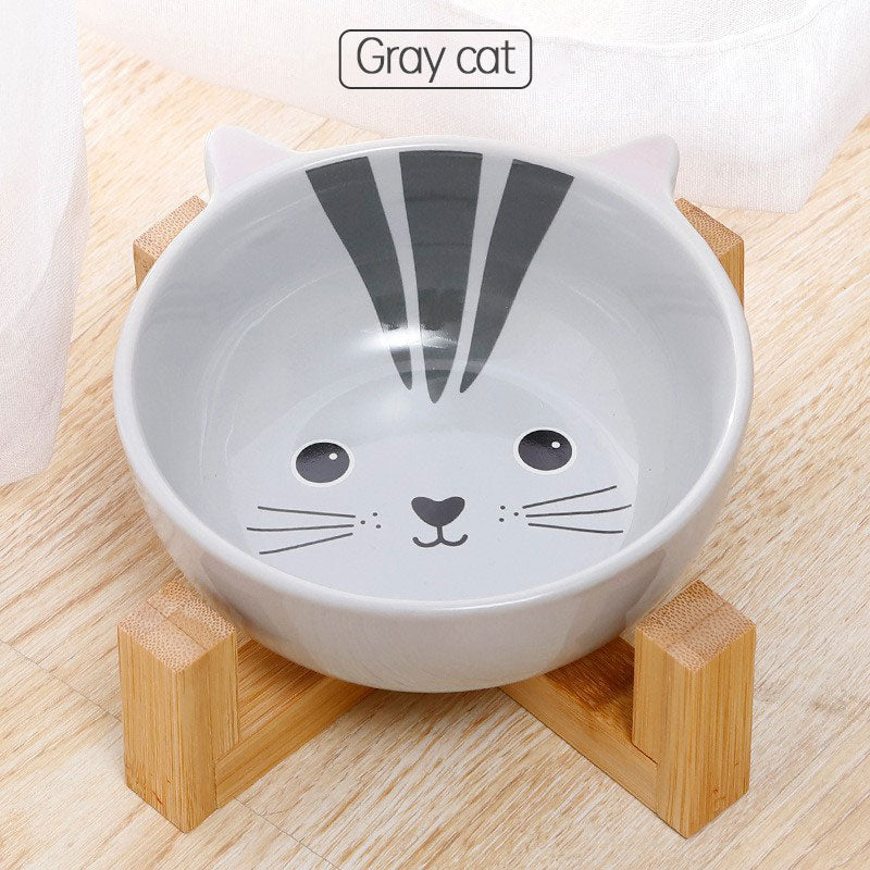 Double Ear Cartoon Ceramic Pet Bowl Bamboo Wooden Frame Matching Neck Bowl Dog Bowl Ceramic Cat Bowl