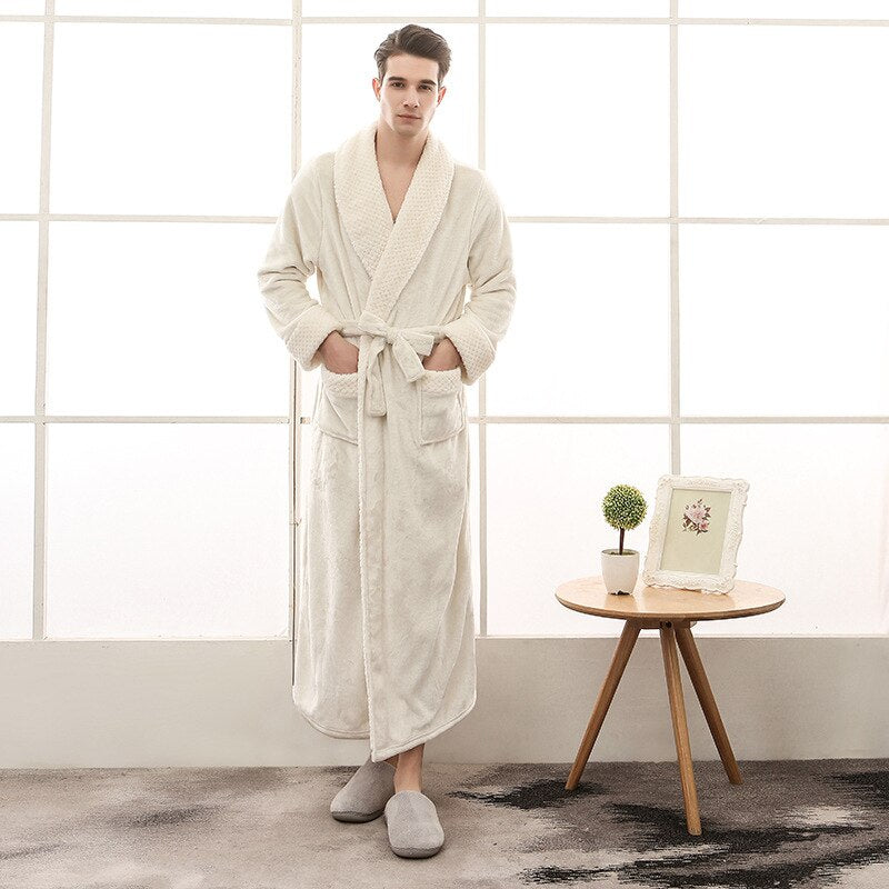 Bata de franela de talla grande para amantes, bata de baño extra larga y cálida para hombres y mujeres, bata de baño tipo kimono gruesa de invierno, bata de baño para hombres