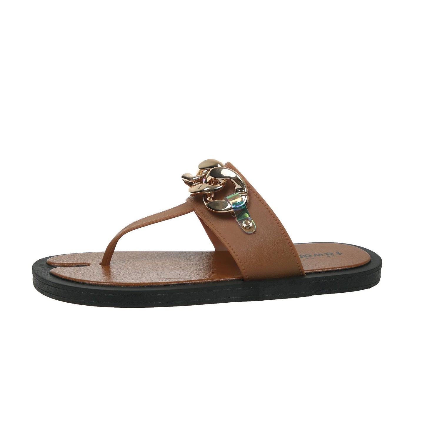 TAWANA - Chanclas de verano con cadena de imitación, tipo T, suela plana, zapatillas de moda para exteriores, zapatos de mujer de moda