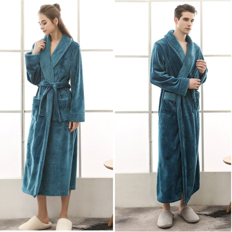 Bata de franela de talla grande para amantes, bata de baño extra larga y cálida para hombres y mujeres, bata de baño tipo kimono gruesa de invierno, bata de baño para hombres