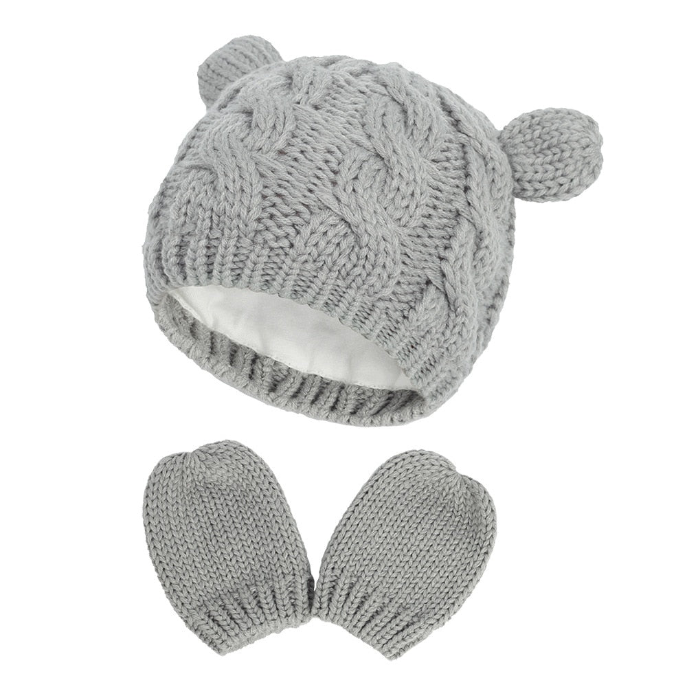 Gorro de punto cálido de invierno para bebés, niñas y niños, con orejas, sólido, cálido, bonito guante, 2 piezas, gorro encantador de 0 a 18 meses