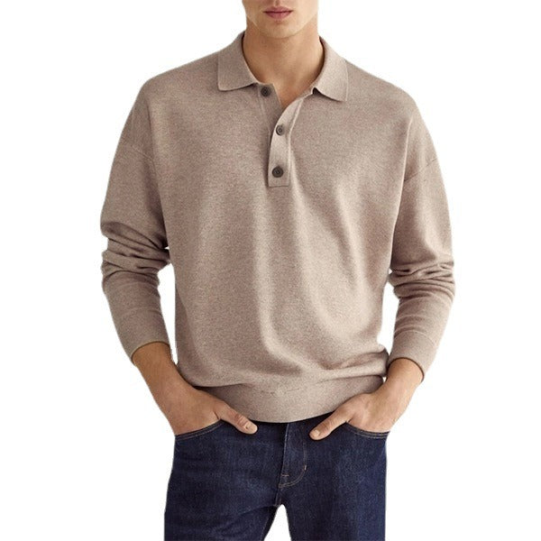 Polo informal de manga larga con cuello en V y botones para hombre de otoño