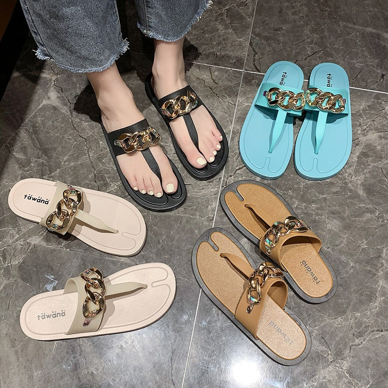 TAWANA - Chanclas de verano con cadena de imitación, tipo T, suela plana, zapatillas de moda para exteriores, zapatos de mujer de moda