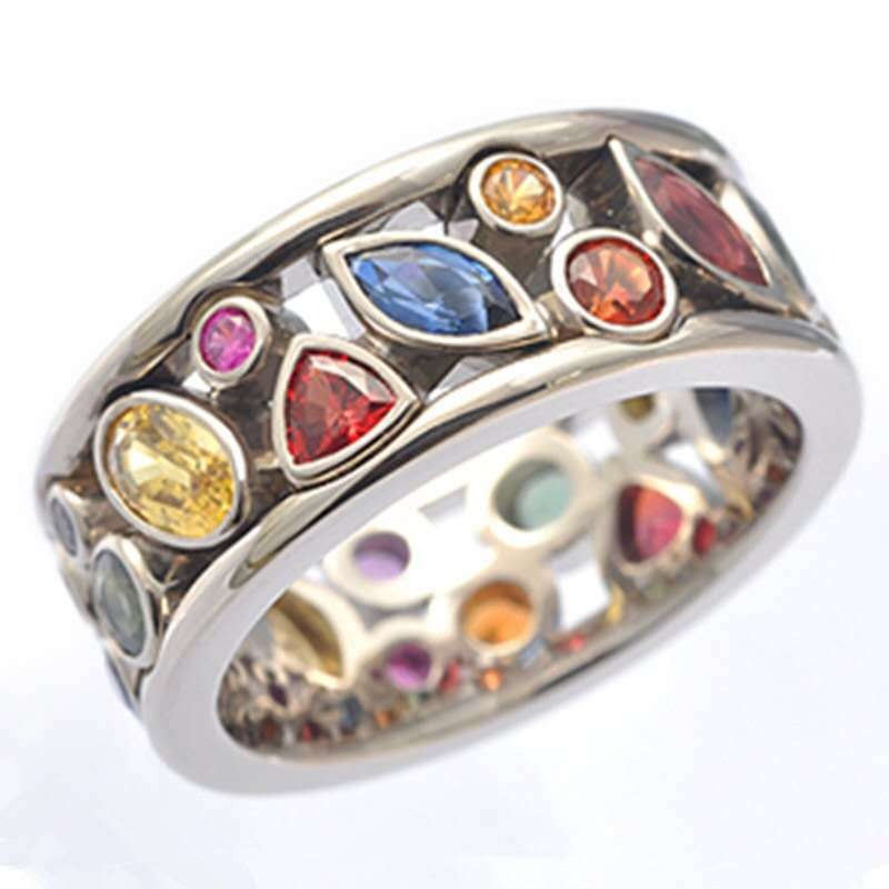 Anillo hueco con incrustaciones de diamantes multicolor, anillo femenino, exquisita joyería de circonita simple