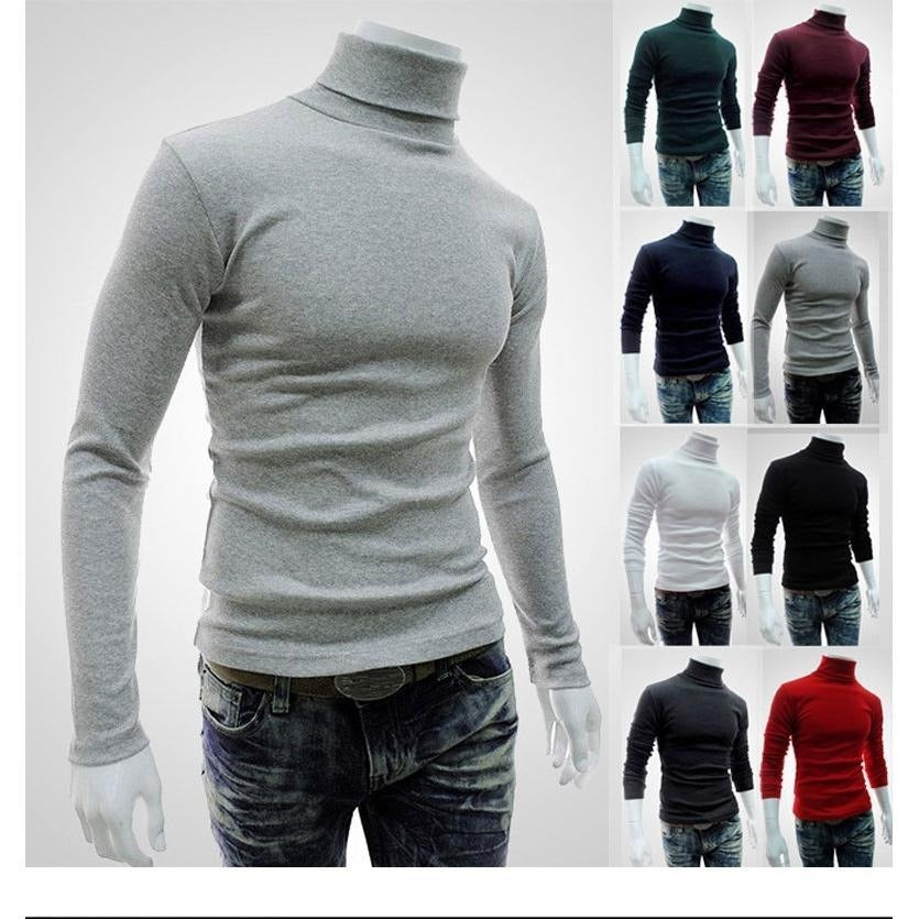 Camiseta de color sólido de nuevo estilo para hombre, suéter de cuello alto y manga larga para otoño e invierno, jersey coreano 