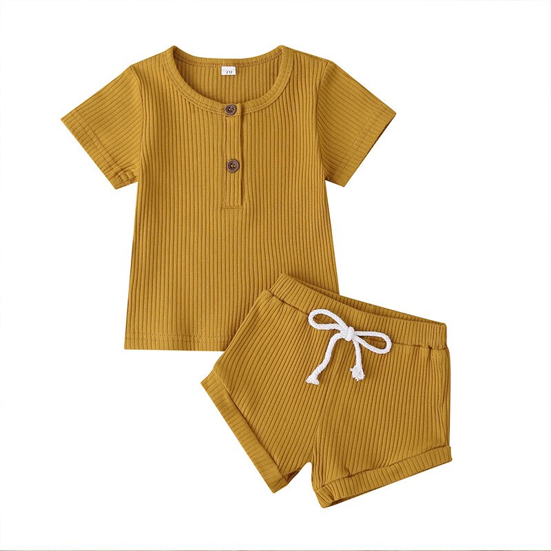 Ropa de verano para bebés, niños y niñas, camisetas con botones de punto acanalado para recién nacidos, camisetas y pantalones cortos, conjuntos de ropa para bebés