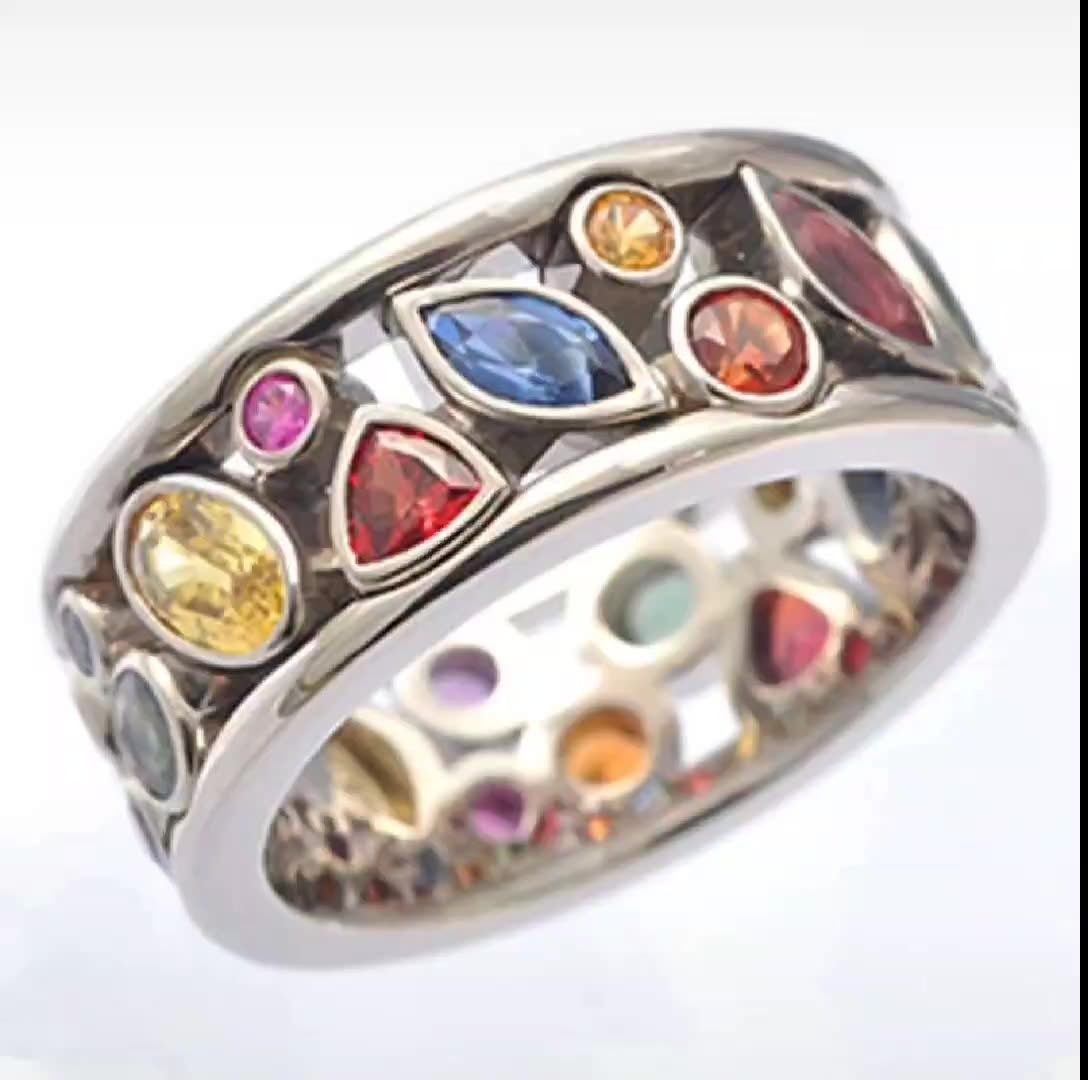 Anillo hueco con incrustaciones de diamantes multicolor, anillo femenino, exquisita joyería de circonita simple