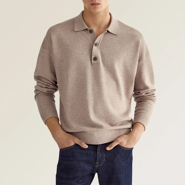 Polo informal de manga larga con cuello en V y botones para hombre de otoño