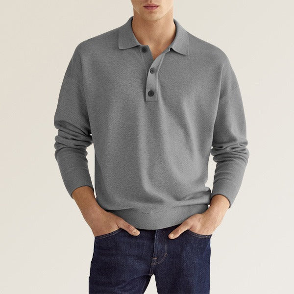 Polo informal de manga larga con cuello en V y botones para hombre de otoño