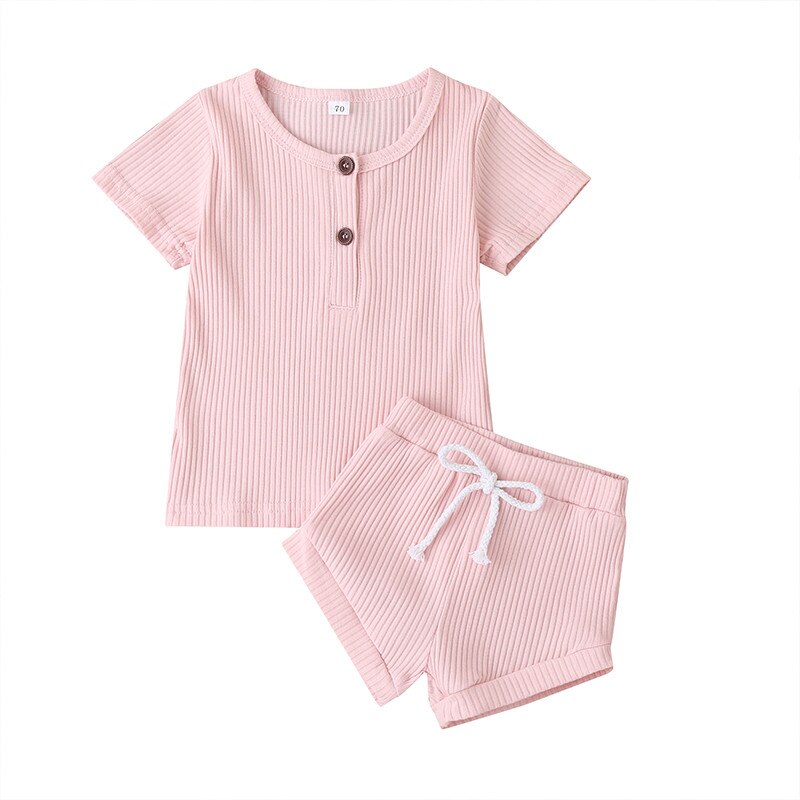 Ropa de verano para bebés, niños y niñas, camisetas con botones de punto acanalado para recién nacidos, camisetas y pantalones cortos, conjuntos de ropa para bebés