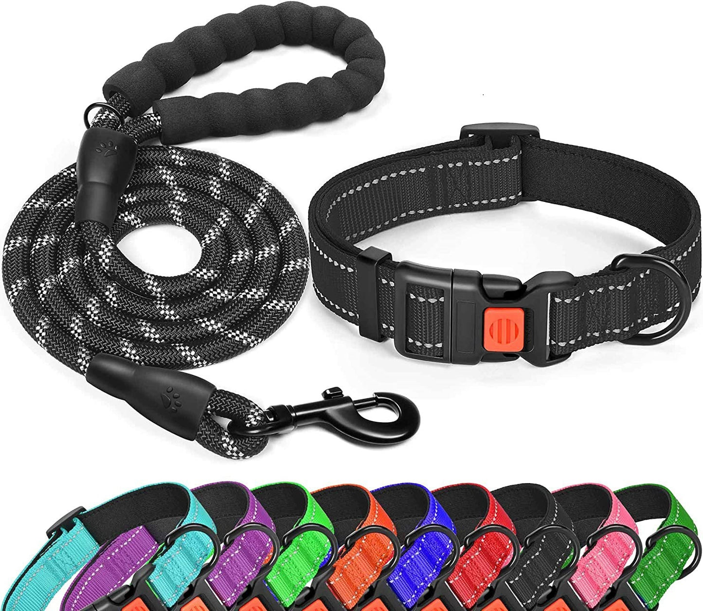 Pet Dog Collar Leash Traction Rope With Adjustable Reflective Nylon Webbing Dog Collar Set