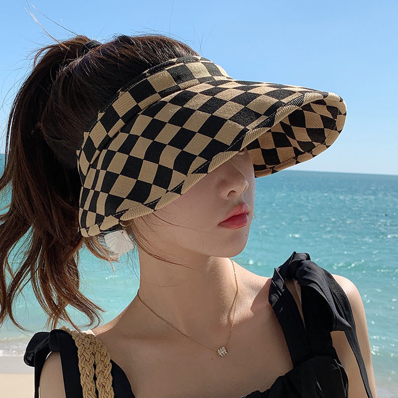 Cotton Good Checkerboard Empty Top Hat Women's Summer Face Protection Folding Sun Hat Concave Shape Sun Hat