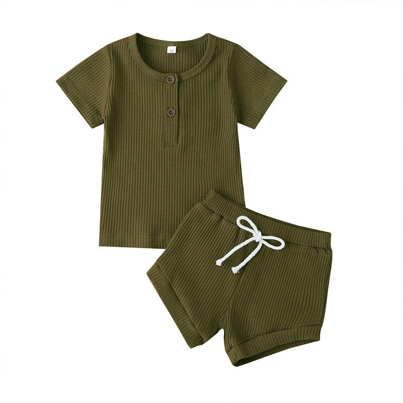 Ropa de verano para bebés, niños y niñas, camisetas con botones de punto acanalado para recién nacidos, camisetas y pantalones cortos, conjuntos de ropa para bebés