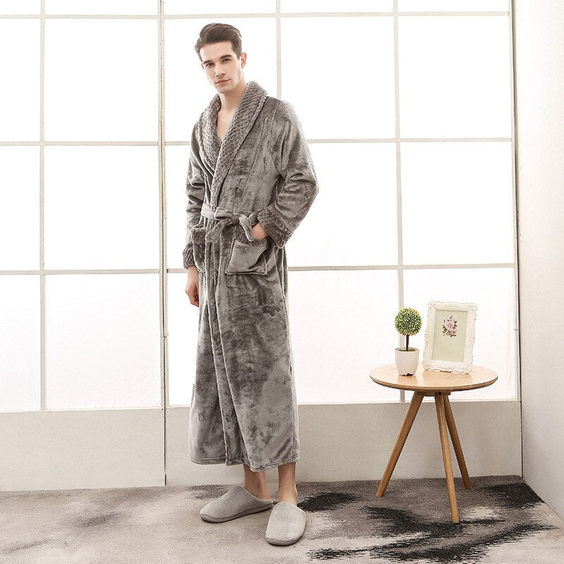 Bata de franela de talla grande para amantes, bata de baño extra larga y cálida para hombres y mujeres, bata de baño tipo kimono gruesa de invierno, bata de baño para hombres