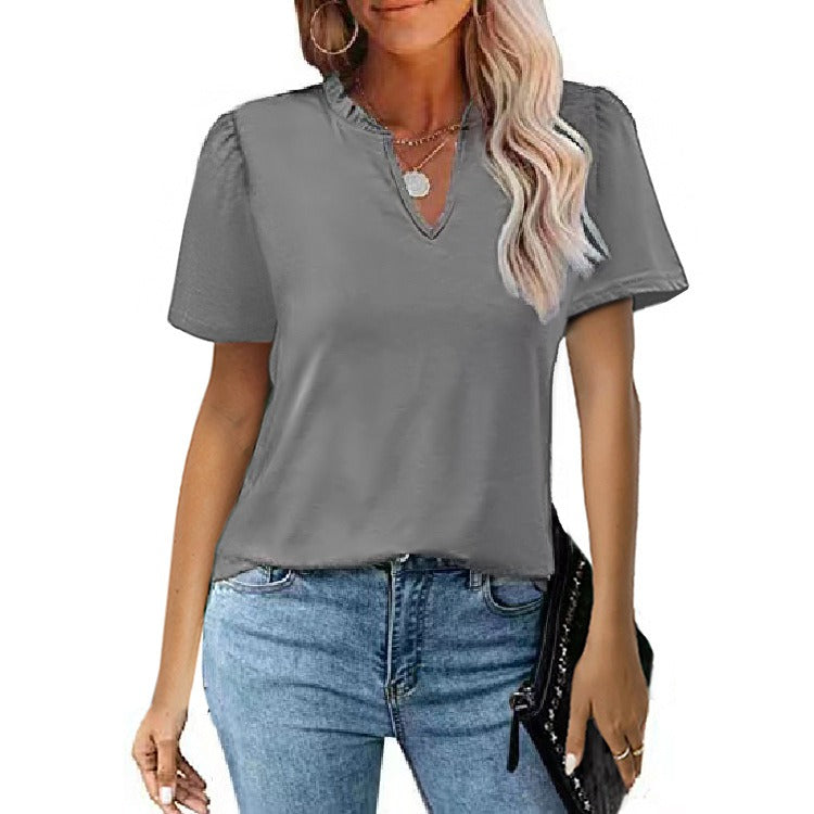 New Women's Dress Popular Wooden Ear Edge V-Neck Pleated Casual Short Sleeve T-shirt