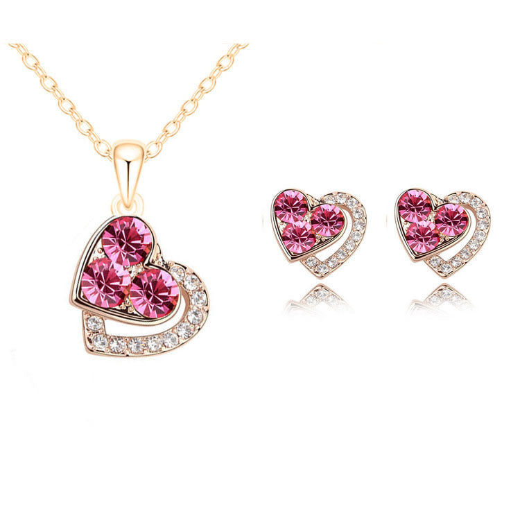 Fashion Women's Earrings Necklace Set Colorful Full Diamond Heart Pendant Necklace Stud Earrings