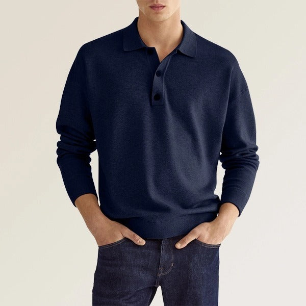 Polo informal de manga larga con cuello en V y botones para hombre de otoño