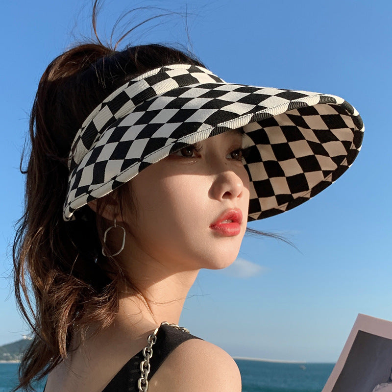 Cotton Good Checkerboard Empty Top Hat Women's Summer Face Protection Folding Sun Hat Concave Shape Sun Hat