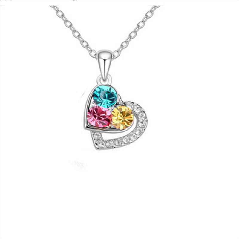 Fashion Women's Earrings Necklace Set Colorful Full Diamond Heart Pendant Necklace Stud Earrings