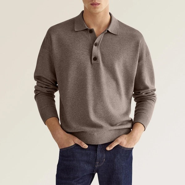 Polo informal de manga larga con cuello en V y botones para hombre de otoño