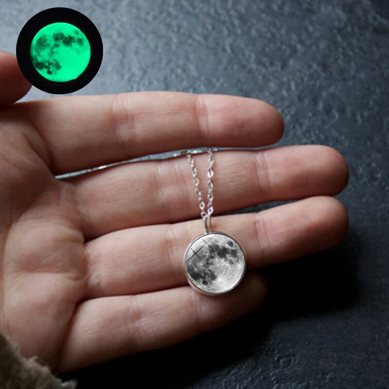 Glow In The Dark Moon Necklace 14mm Galaxy Planet Glass Cabochon Pendant Necklace Silver Chain Luminous