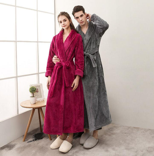 Winter Male Femlae Bathrobe Flannel Thick Robe Long Sleeve Soft Warm Bathrobe Men Women Home Wear Gown Robes Dressing Gown