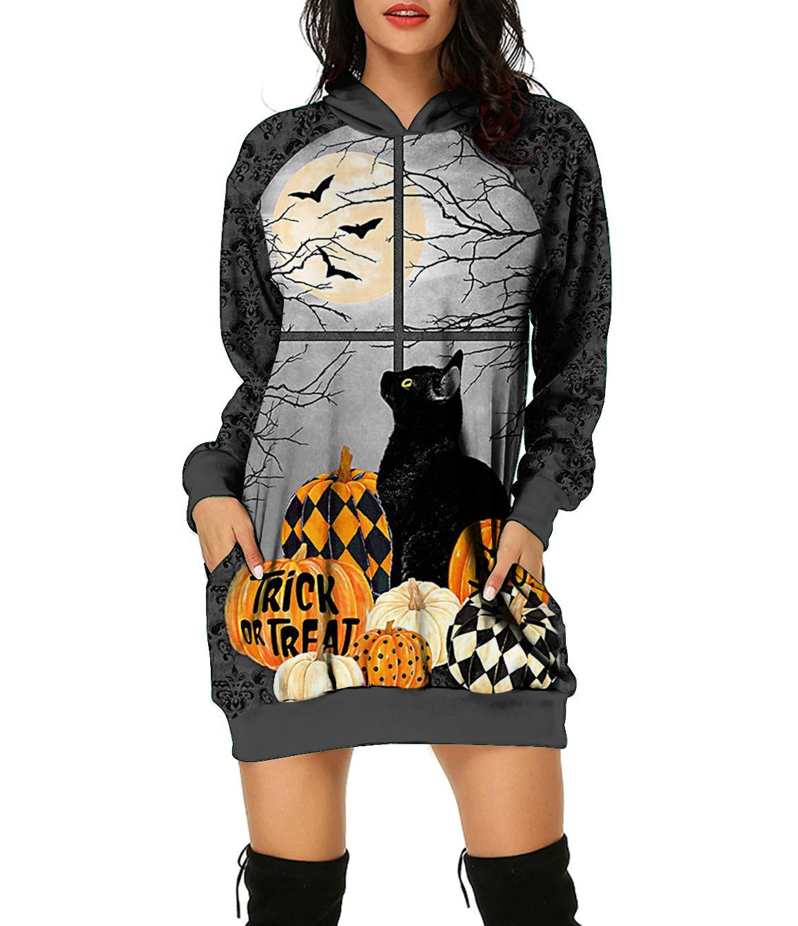 New Autumn and Winter Sweater Halloween 3D Print Loose Top Long Sleeve Hooded Pullover Sweater