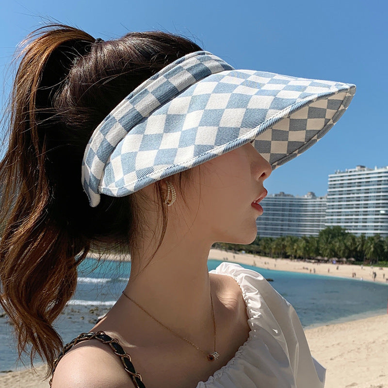 Cotton Good Checkerboard Empty Top Hat Women's Summer Face Protection Folding Sun Hat Concave Shape Sun Hat