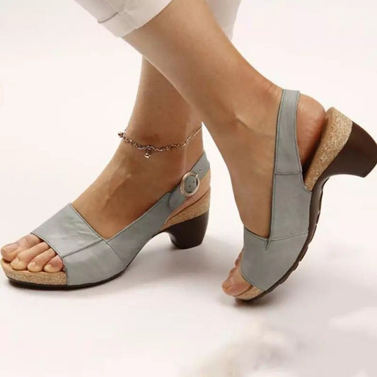 New Summer Medium Heel Thick Bottom Buckle Fish Mouth Sandals Womens Large Heels