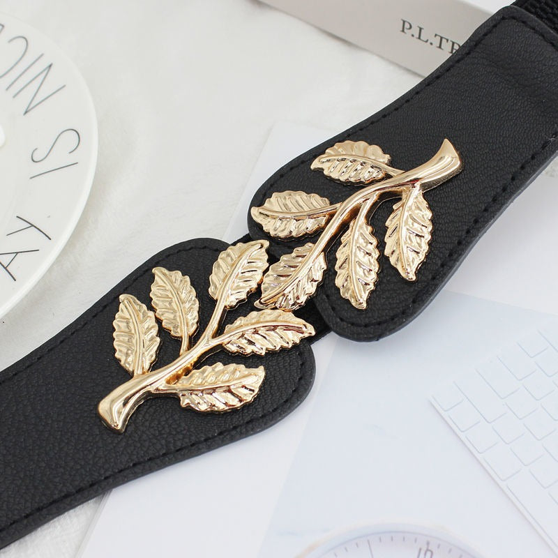 New Dress Decorative Belt Women Simple Elastic Waist South Korean Small Leaves Buckle Elastic Thin Waist Cover