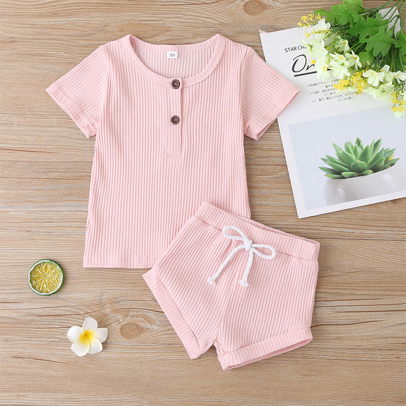 Toddler Baby Boys Girls Summer Clothes Newborn Ribbed Knitted Baby Button T-shirts Tops+Shorts Infant Clothing Outfits Sets