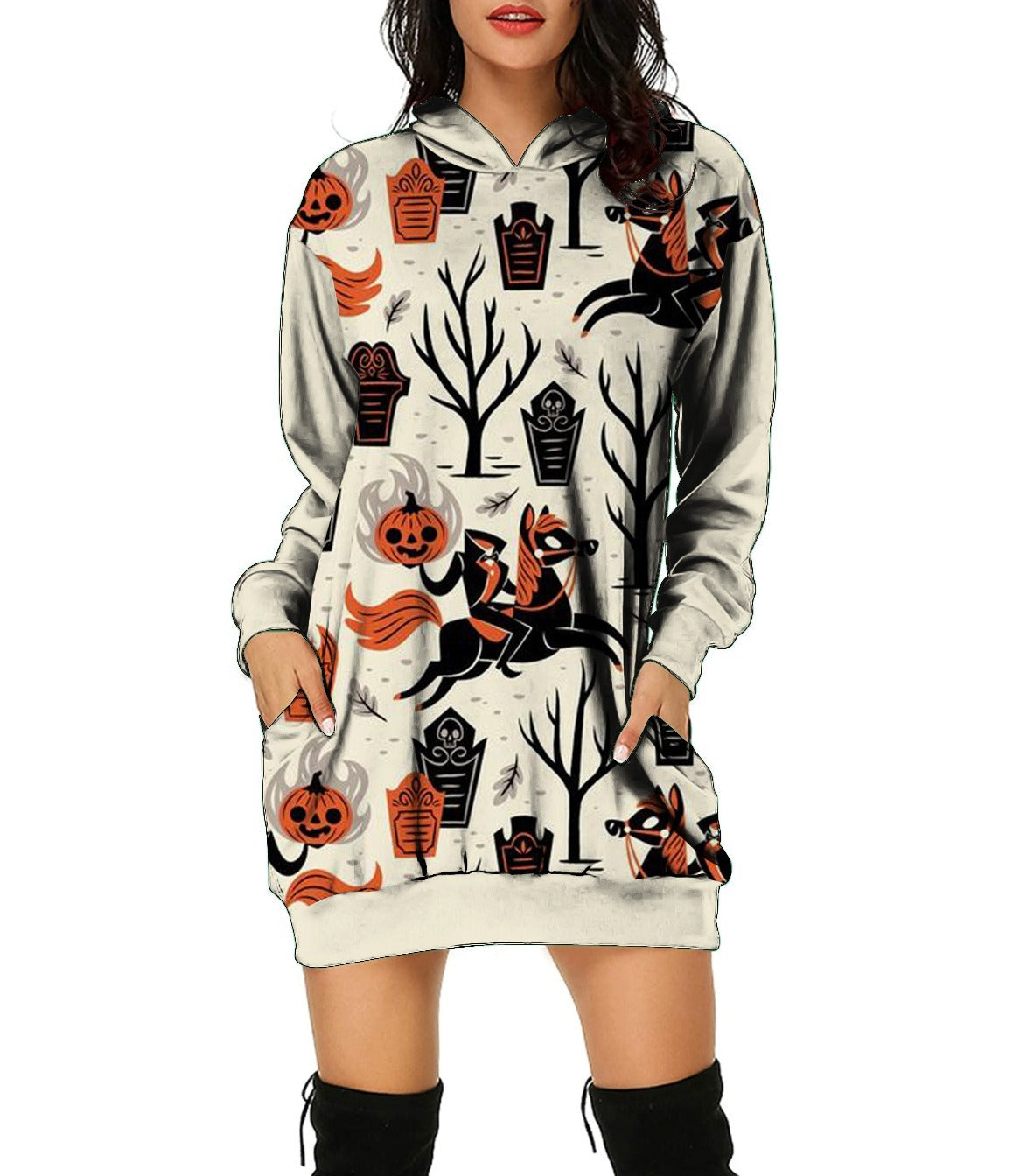 New Autumn and Winter Sweater Halloween 3D Print Loose Top Long Sleeve Hooded Pullover Sweater