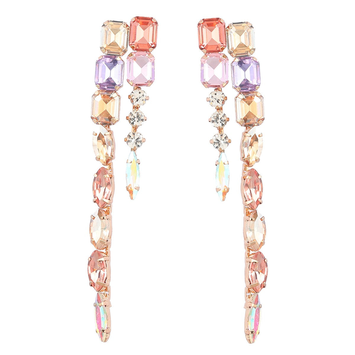 Pendientes largos geométricos de doble capa con incrustaciones de diamantes de aleación de serie de diamantes de colores de moda para mujer