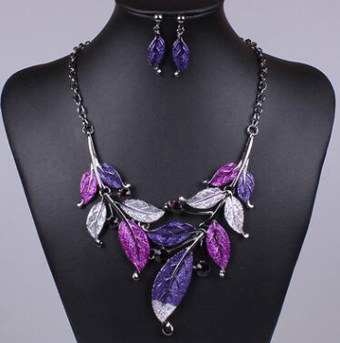 Classic Colorful Leaf Rhinestone Alloy Drop Necklace Earrings Jewelry