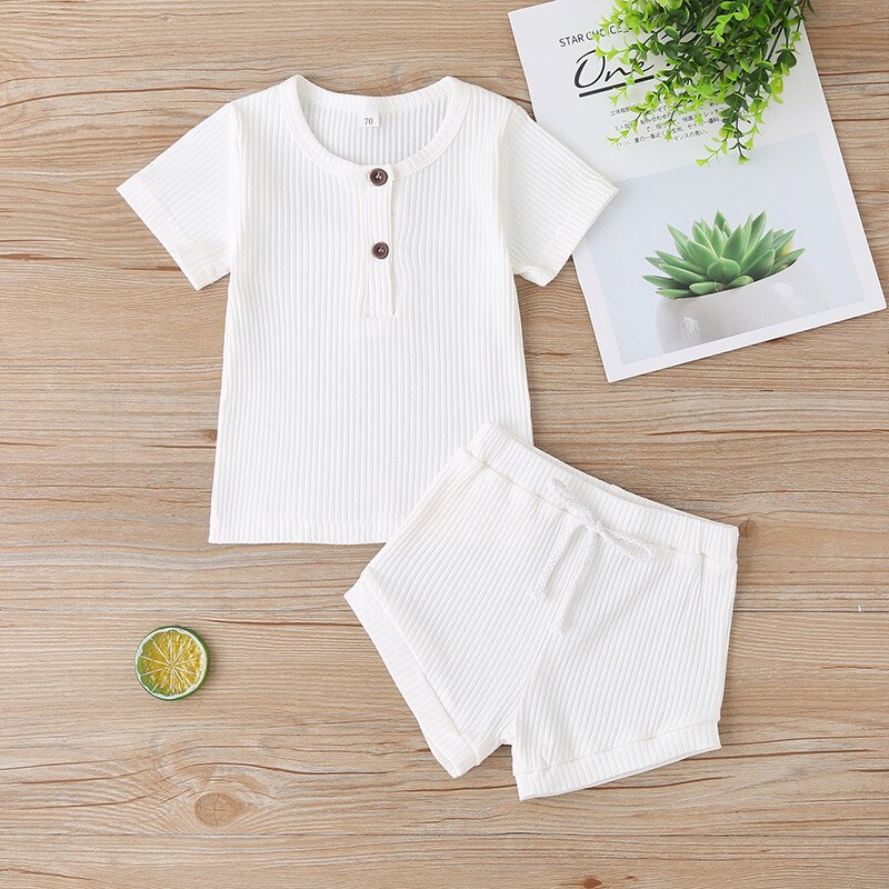 Ropa de verano para bebés, niños y niñas, camisetas con botones de punto acanalado para recién nacidos, camisetas y pantalones cortos, conjuntos de ropa para bebés