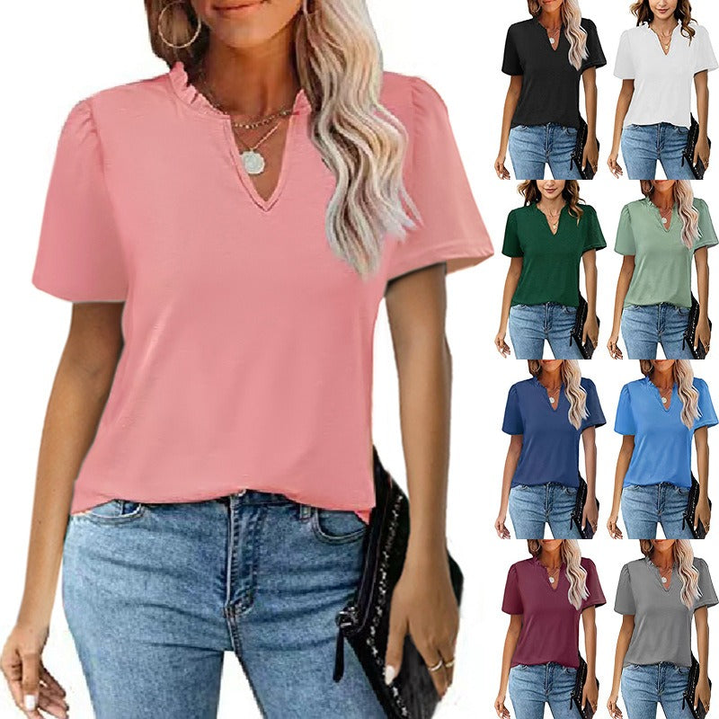 New Women's Dress Popular Wooden Ear Edge V-Neck Pleated Casual Short Sleeve T-shirt