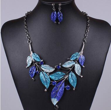 Classic Colorful Leaf Rhinestone Alloy Drop Necklace Earrings Jewelry