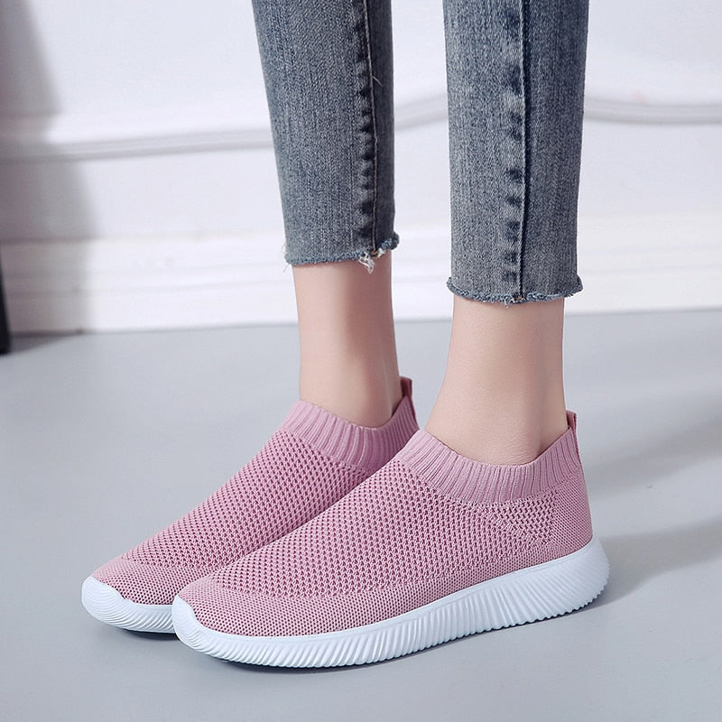 Rimocy Plus Size 43 Zapatillas de plataforma de malla transpirable para mujer, zapatillas para correr informales suaves y sin cordones para mujer, zapatos planos tipo calcetín de punto para mujer 